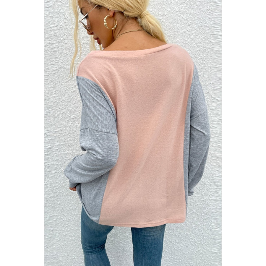 Color Block V-Neck Long Sleeve Blouse