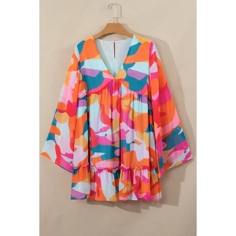 Color Block V-Neck Long Sleeve Dress Orange / S Apparel and Accessories
