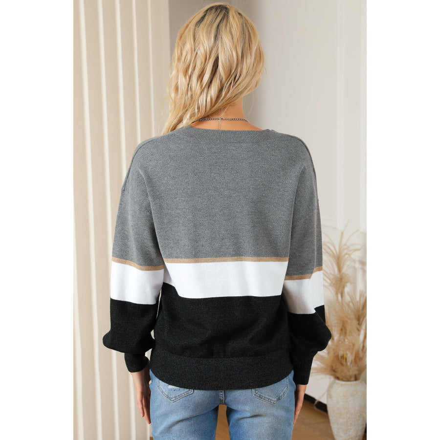 Color Block V Neck Long Sleeve Sweater Apparel and Accessories