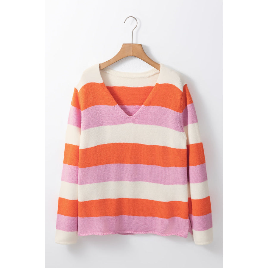 Color Block V-Neck Long Sleeve Sweater Apparel and Accessories