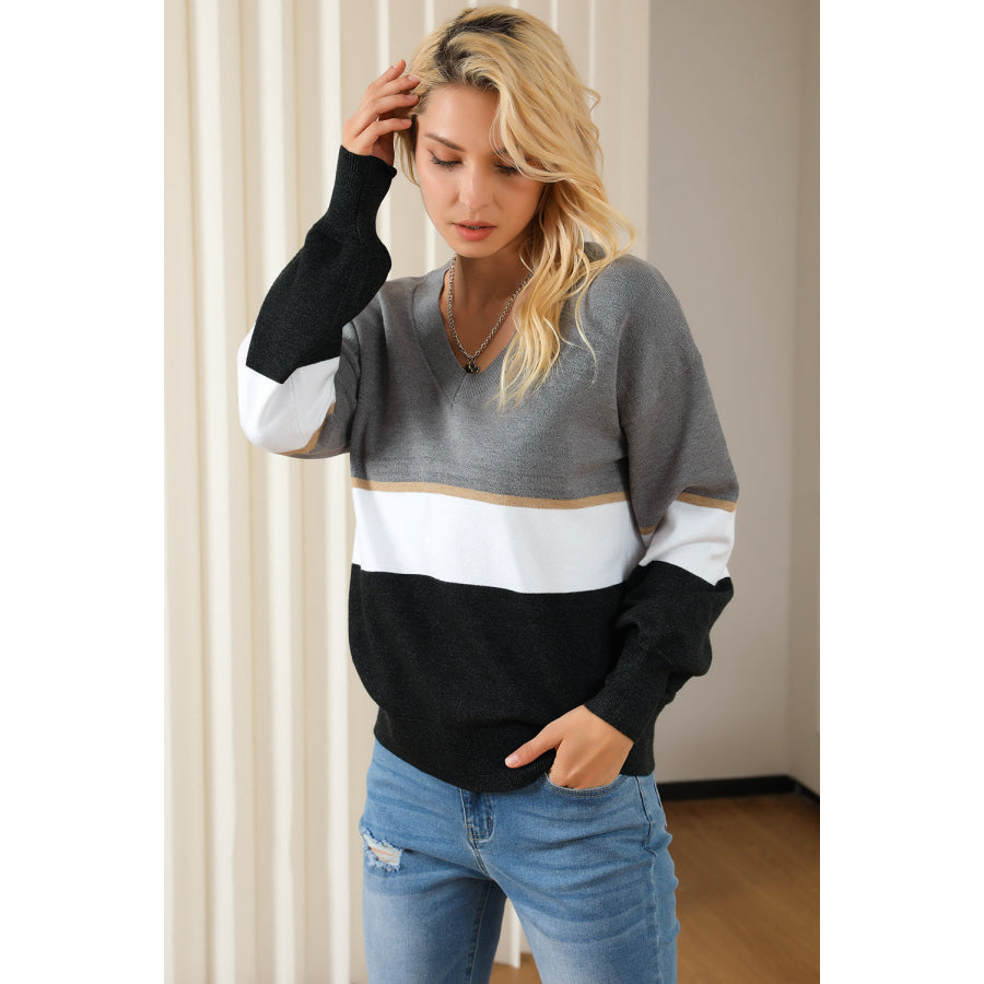 Color Block V Neck Long Sleeve Sweater Apparel and Accessories
