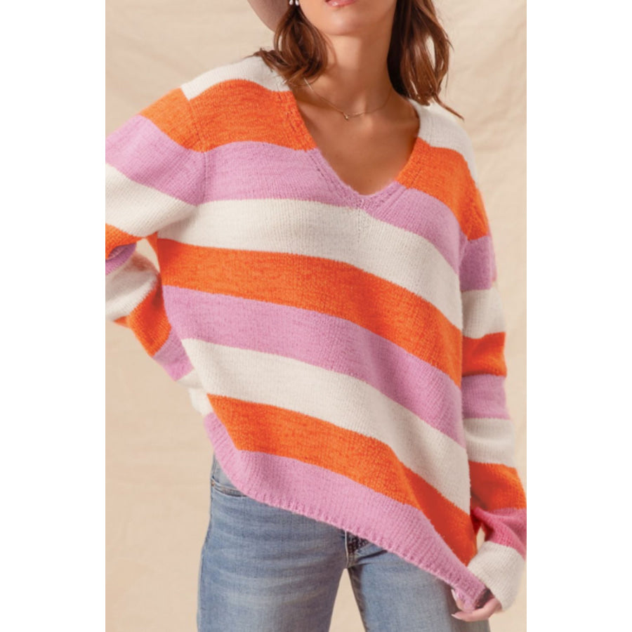 Color Block V-Neck Long Sleeve Sweater Apparel and Accessories