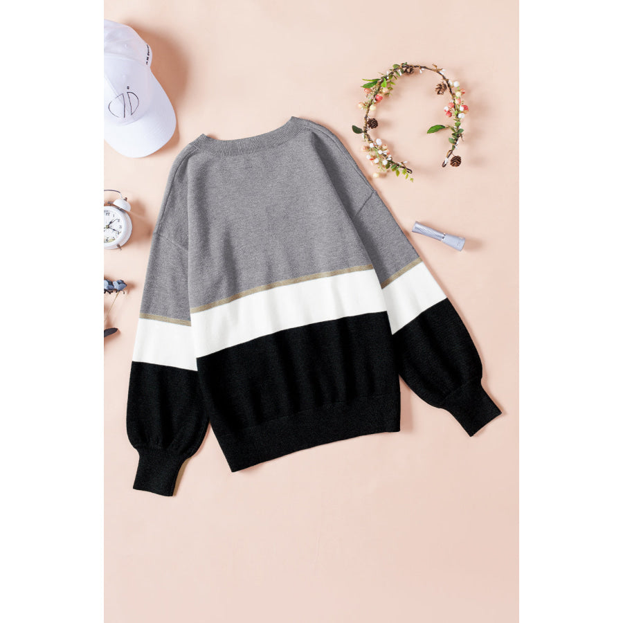 Color Block V Neck Long Sleeve Sweater Apparel and Accessories