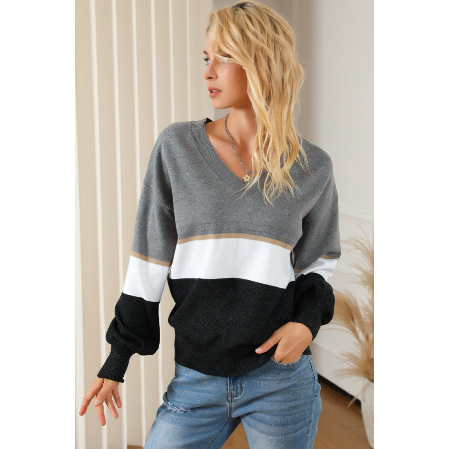 Color Block V Neck Long Sleeve Sweater Apparel and Accessories