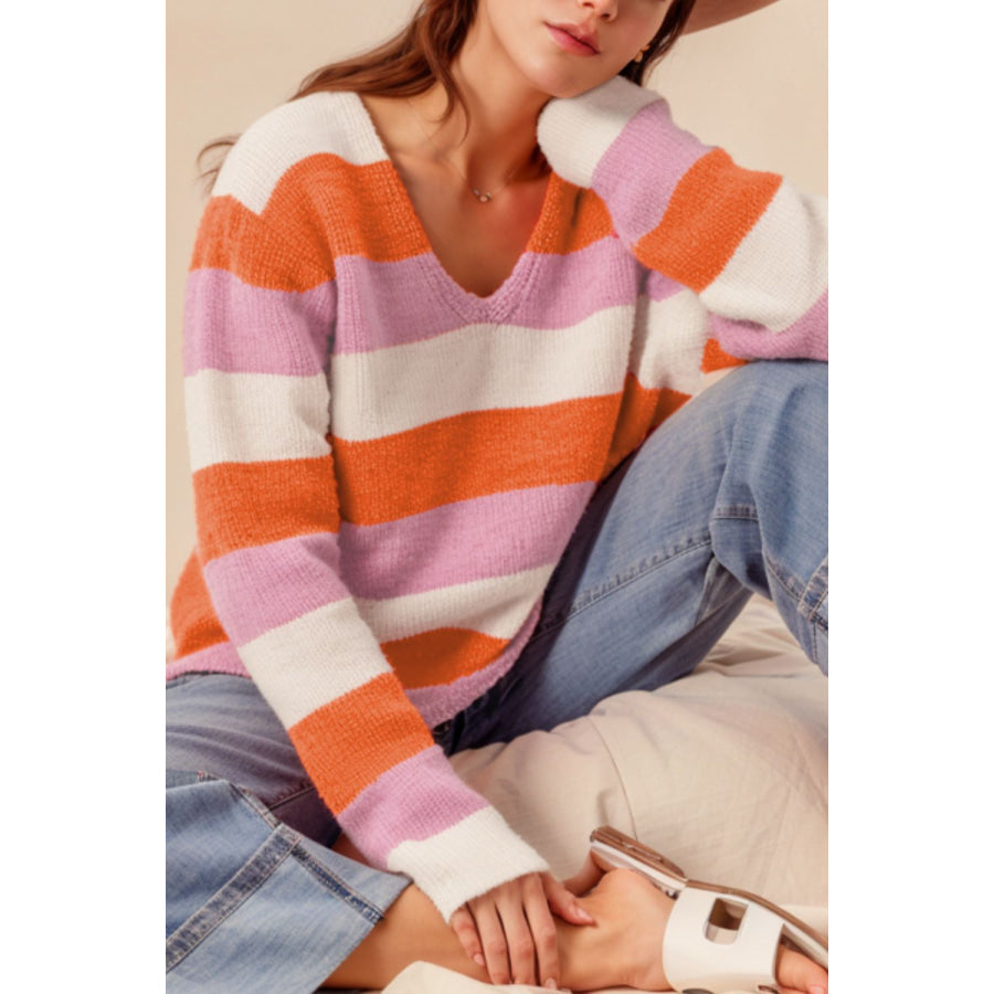 Color Block V-Neck Long Sleeve Sweater Apparel and Accessories