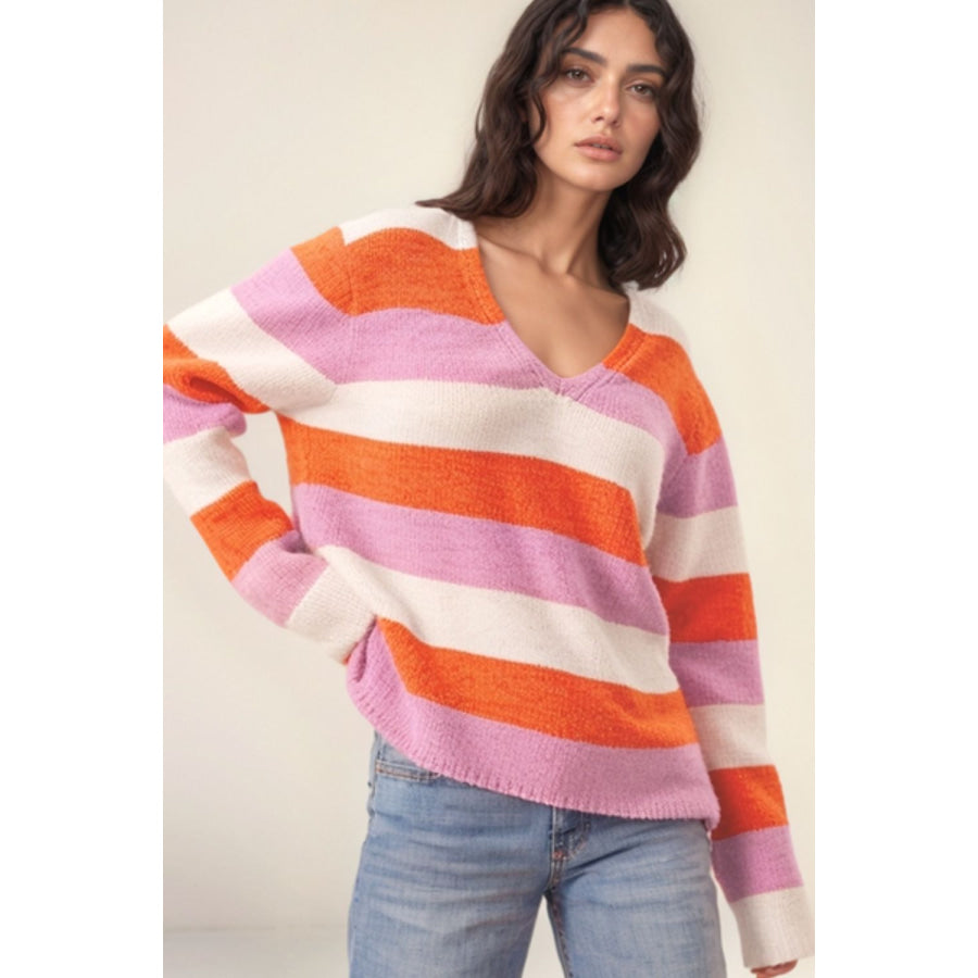Color Block V-Neck Long Sleeve Sweater Tangerine / S Apparel and Accessories