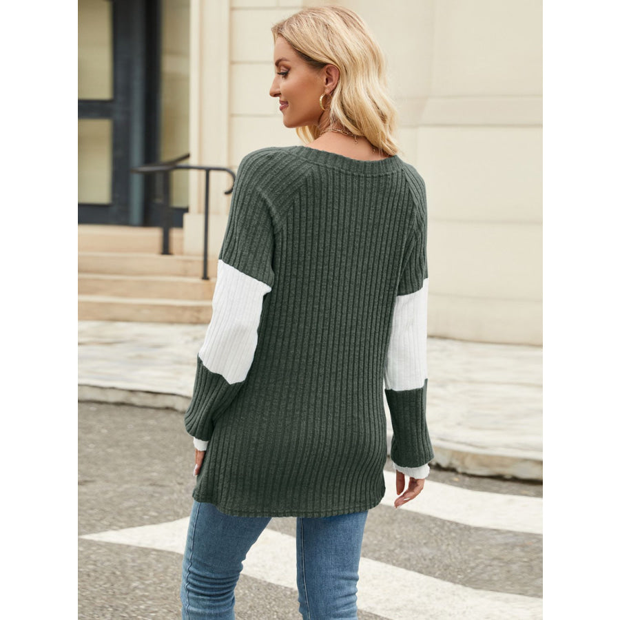 Color Block V-Neck Long Sleeve T-Shirt Apparel and Accessories