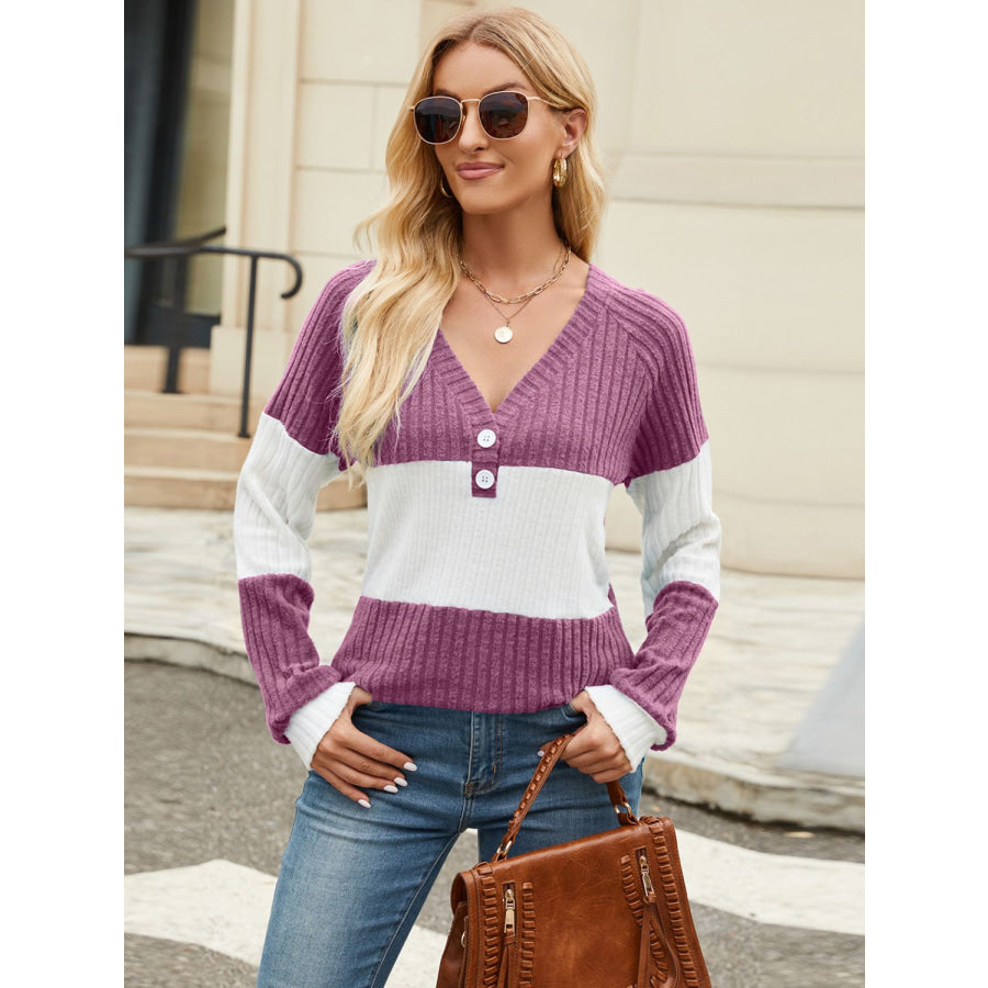 Color Block V-Neck Long Sleeve T-Shirt Apparel and Accessories