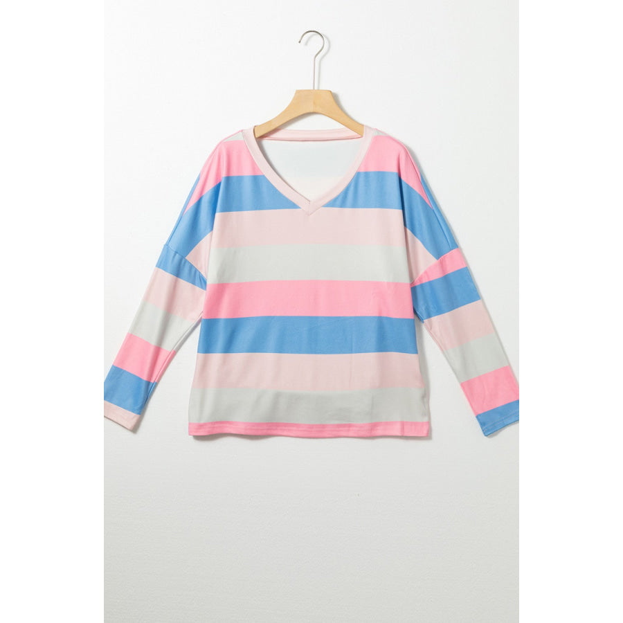Color Block V-Neck Long Sleeve T-Shirt Apparel and Accessories