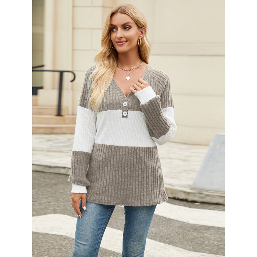 Color Block V-Neck Long Sleeve T-Shirt Apparel and Accessories