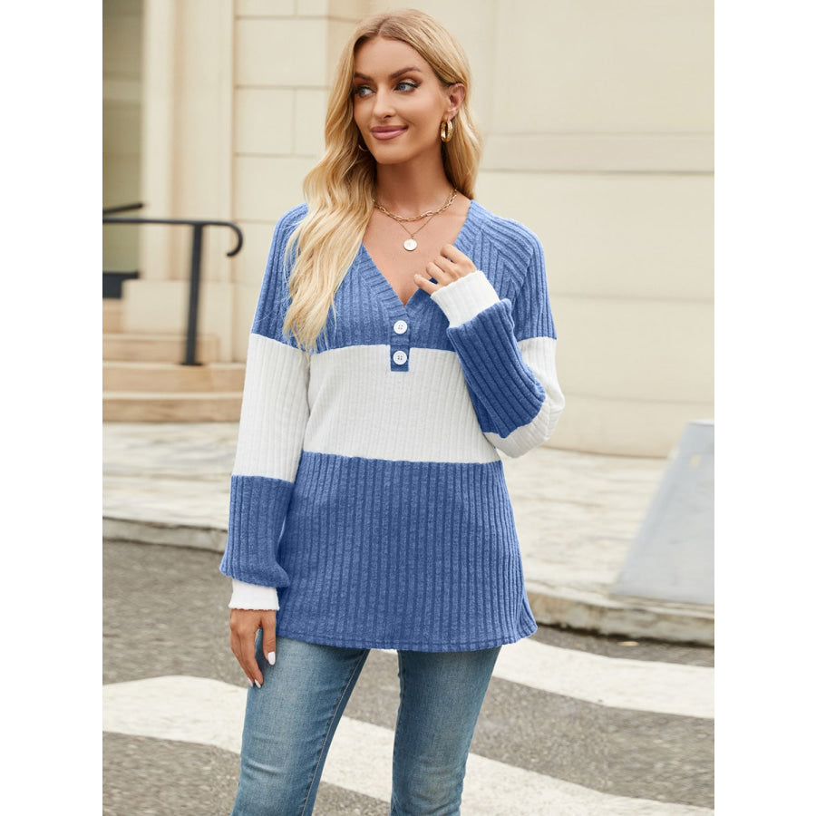 Color Block V-Neck Long Sleeve T-Shirt Apparel and Accessories