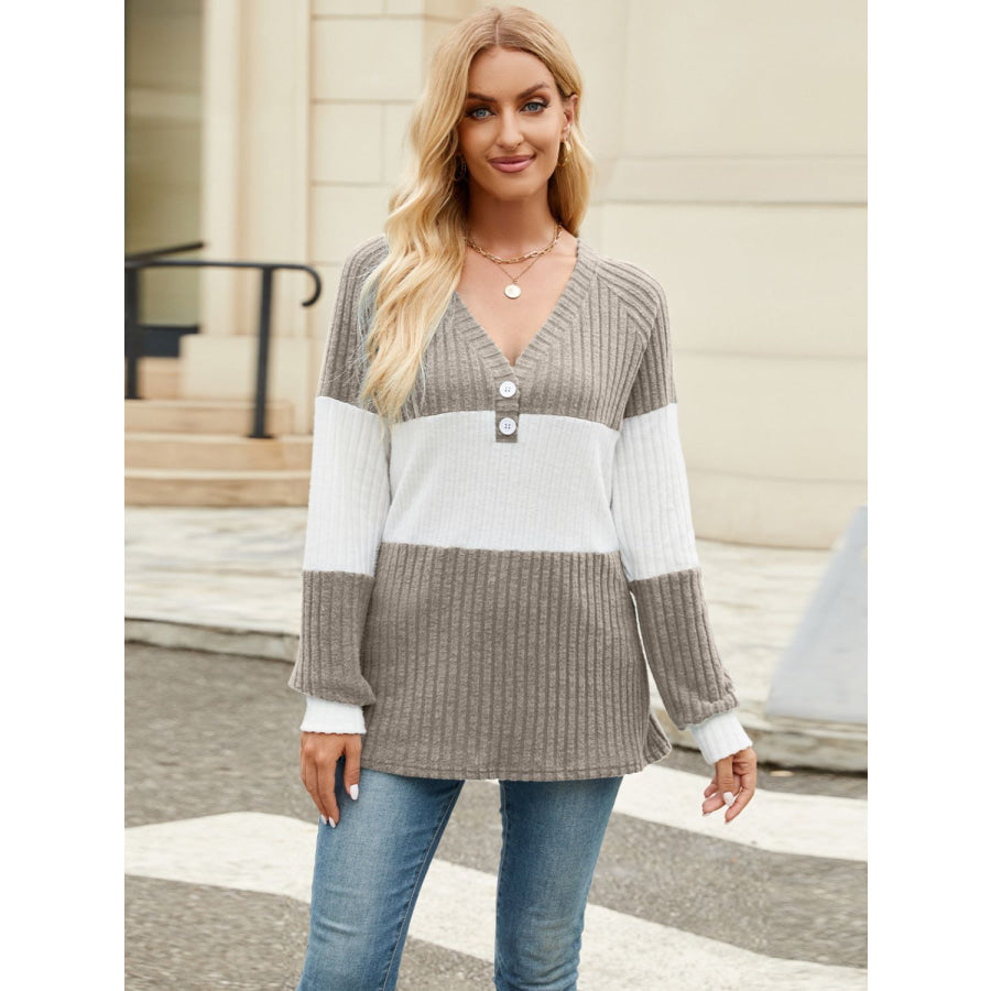 Color Block V-Neck Long Sleeve T-Shirt Apparel and Accessories