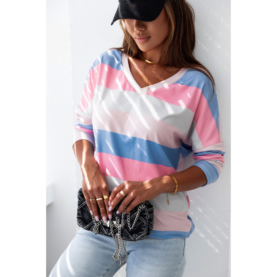 Color Block V-Neck Long Sleeve T-Shirt Apparel and Accessories
