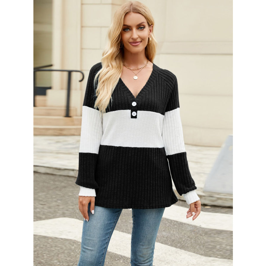 Color Block V-Neck Long Sleeve T-Shirt Apparel and Accessories