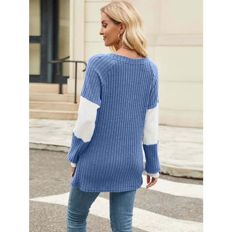 Color Block V-Neck Long Sleeve T-Shirt Dusty Blue / S Apparel and Accessories