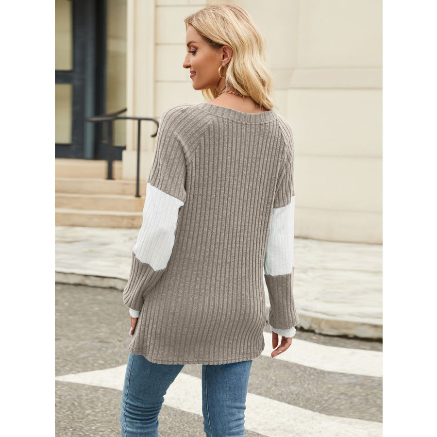 Color Block V-Neck Long Sleeve T-Shirt Apparel and Accessories