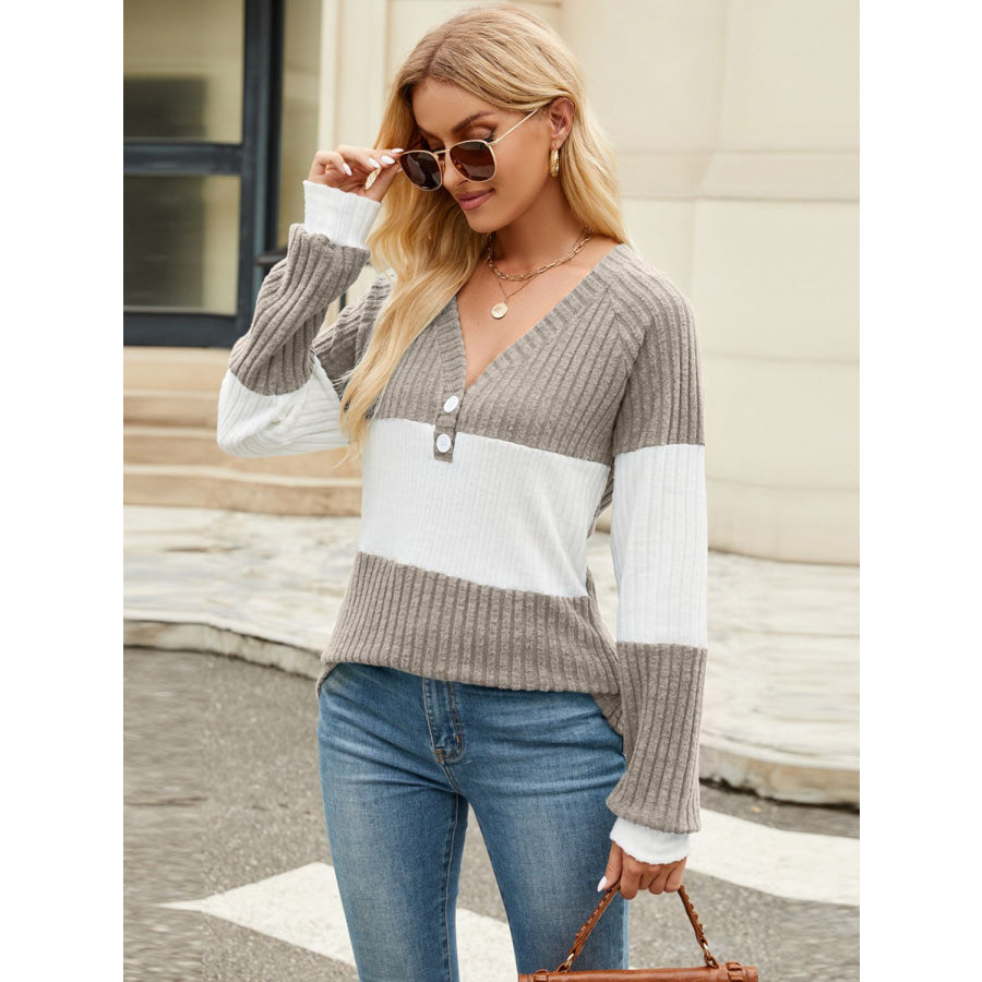 Color Block V-Neck Long Sleeve T-Shirt Apparel and Accessories