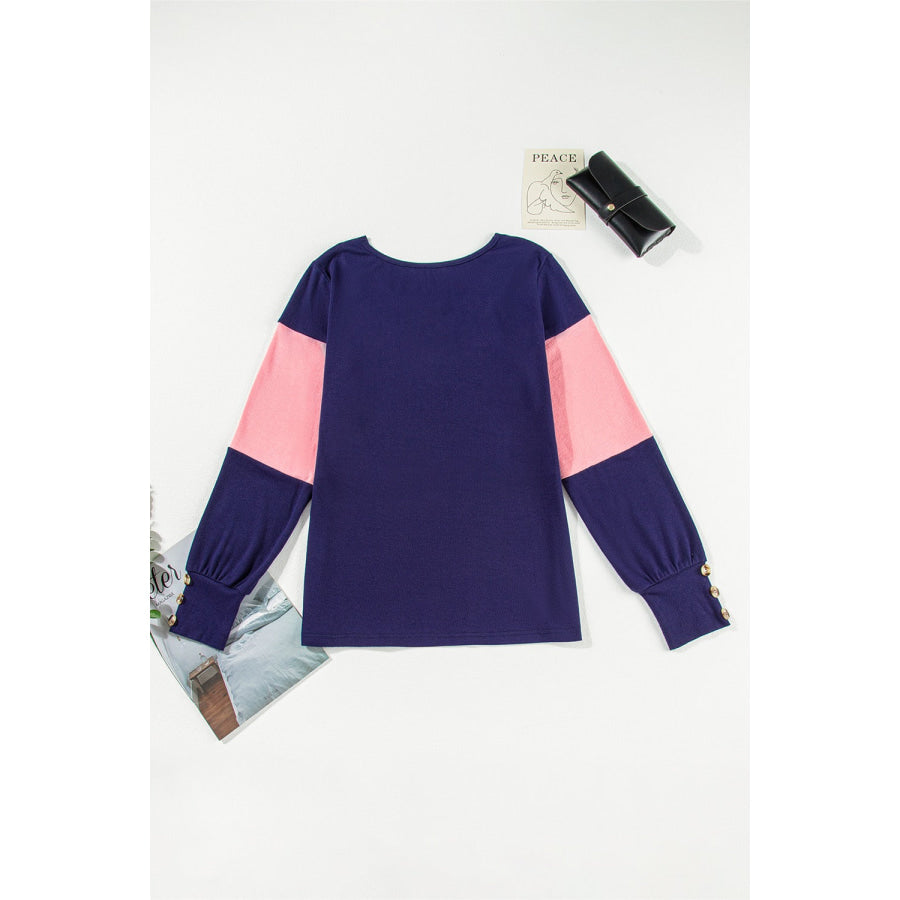 Color Block V-Neck Long Sleeve Top Apparel and Accessories