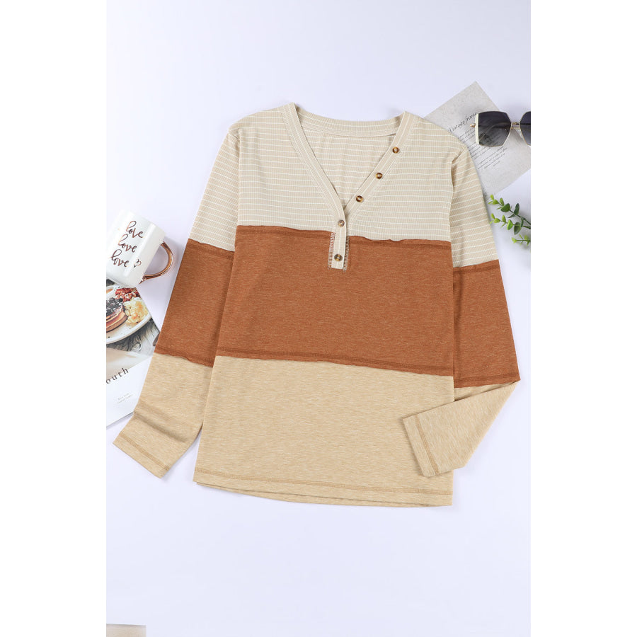 Color Block V-Neck Long Sleeve Top Apparel and Accessories