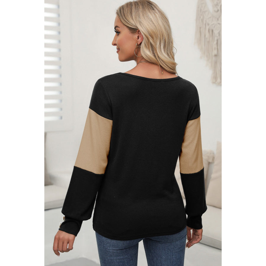 Color Block V-Neck Long Sleeve Top Apparel and Accessories