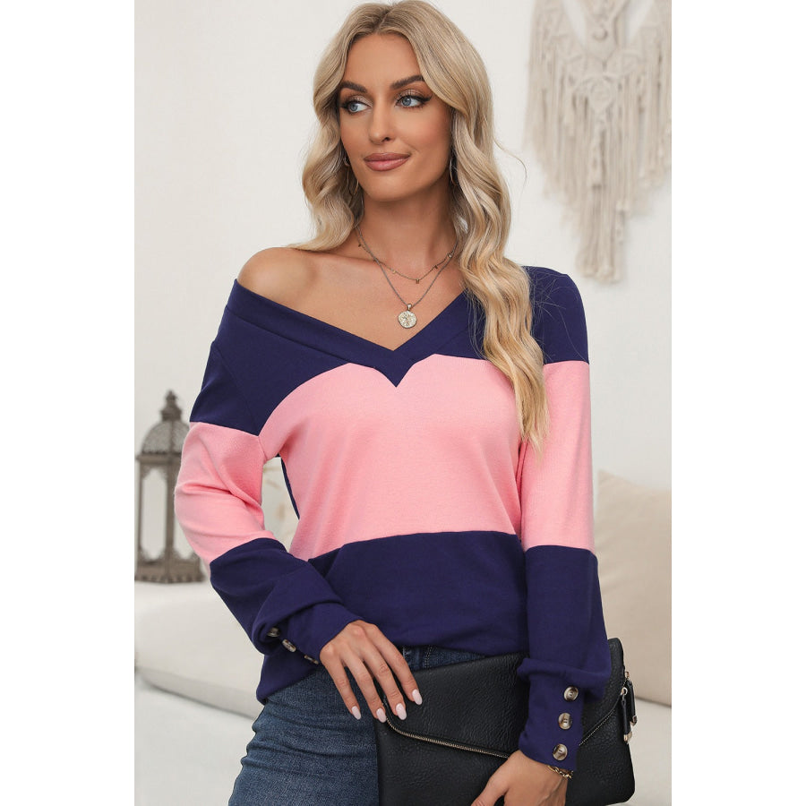 Color Block V-Neck Long Sleeve Top Apparel and Accessories