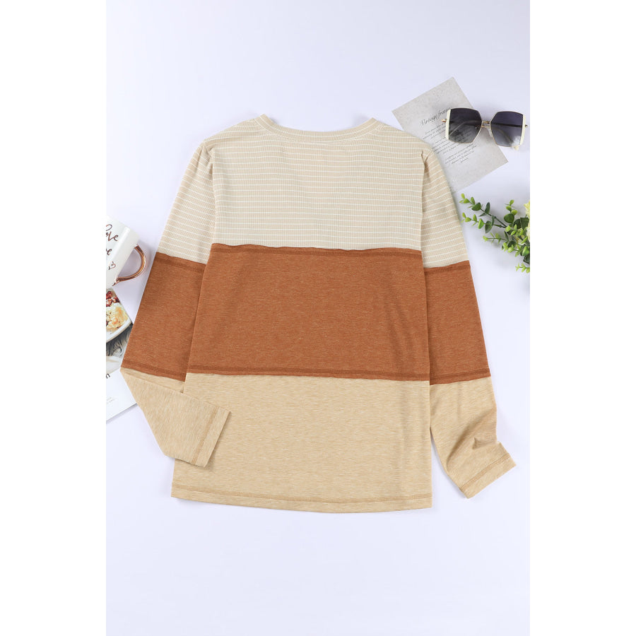 Color Block V-Neck Long Sleeve Top Apparel and Accessories