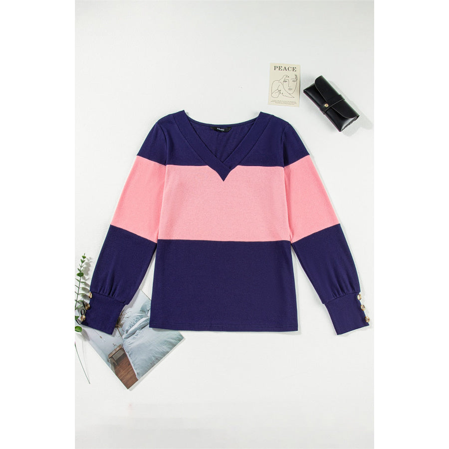 Color Block V-Neck Long Sleeve Top Apparel and Accessories