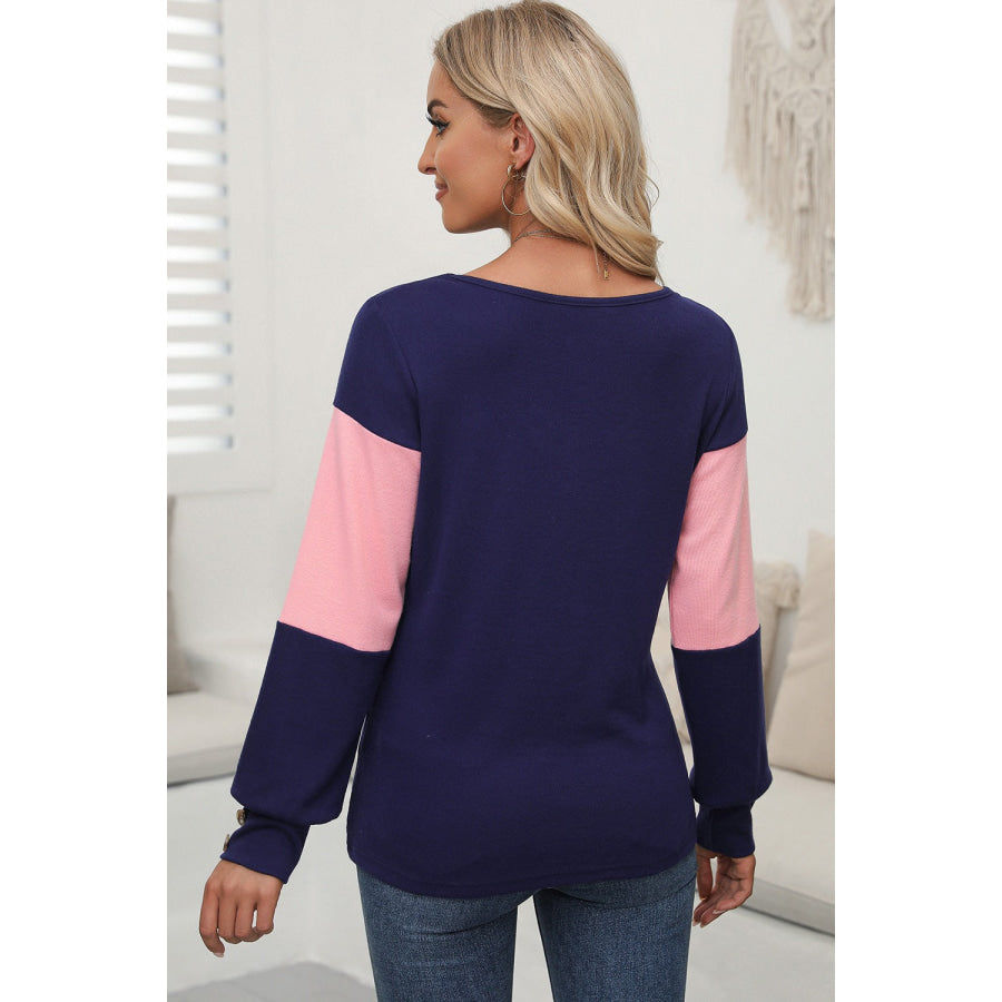 Color Block V-Neck Long Sleeve Top Apparel and Accessories