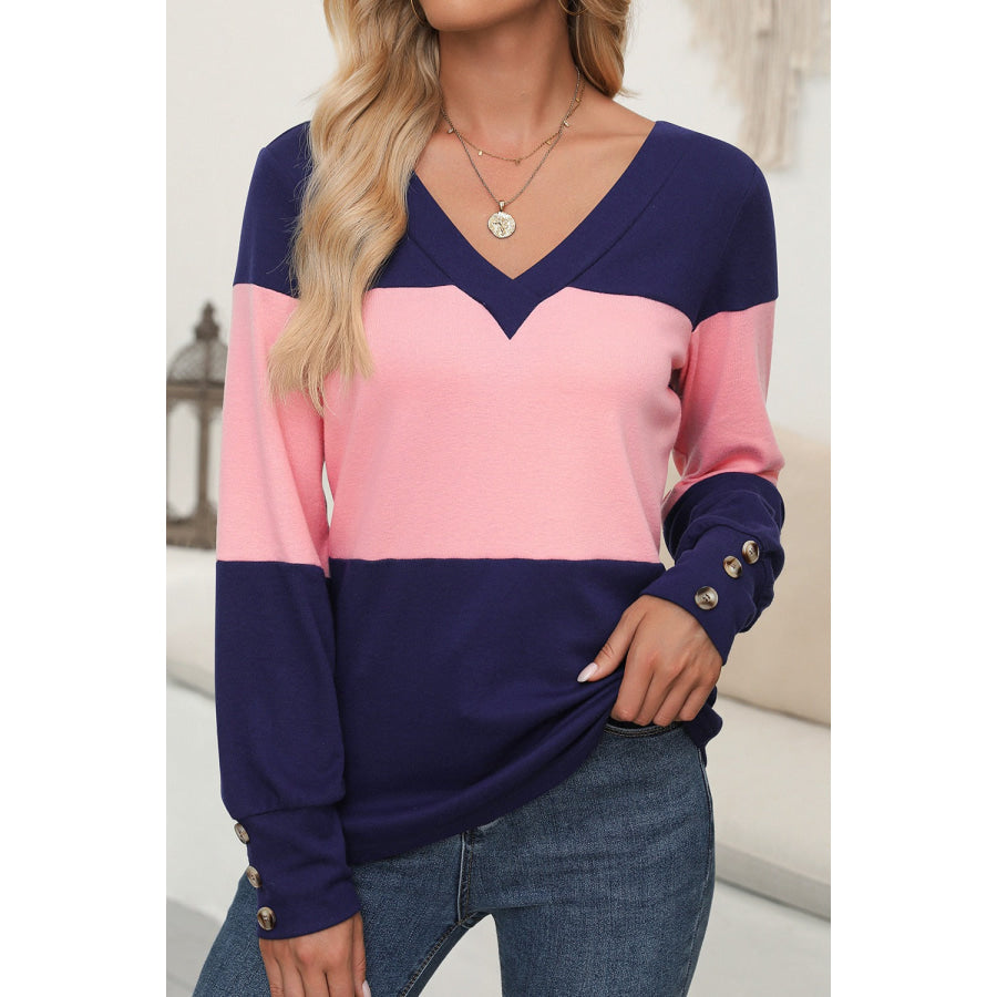 Color Block V-Neck Long Sleeve Top Blush Pink / S Apparel and Accessories