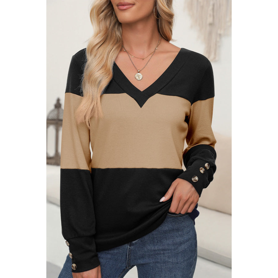 Color Block V-Neck Long Sleeve Top Khaki / S Apparel and Accessories