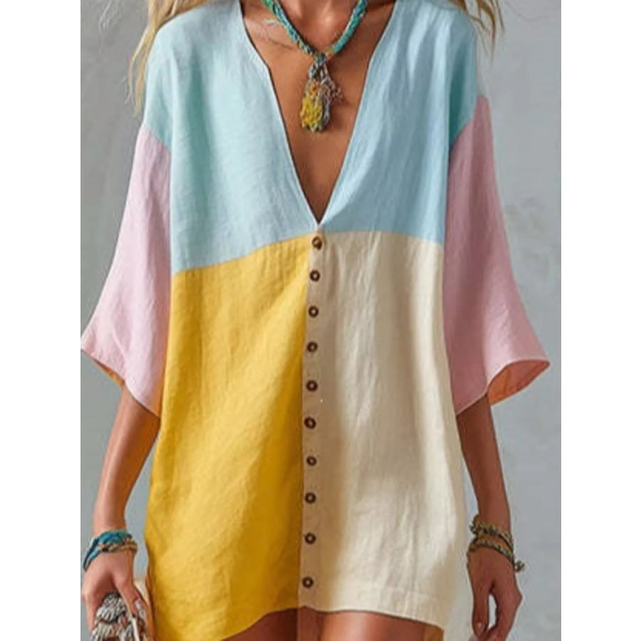 Color Block V-Neck Mini Dress Apparel and Accessories