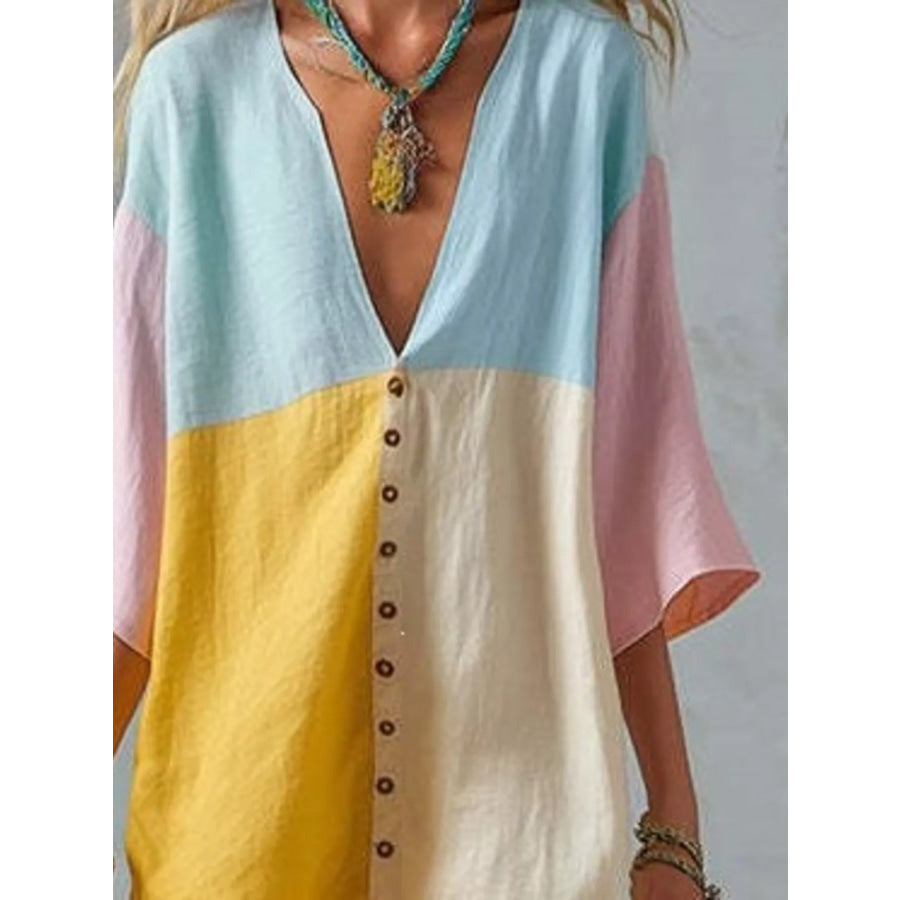 Color Block V-Neck Mini Dress Apparel and Accessories
