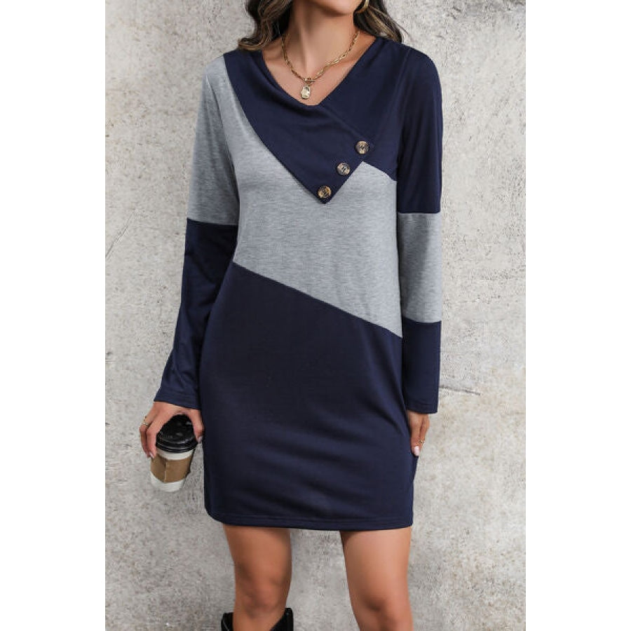 Color Block V-Neck Mini Dress Navy / S Clothing