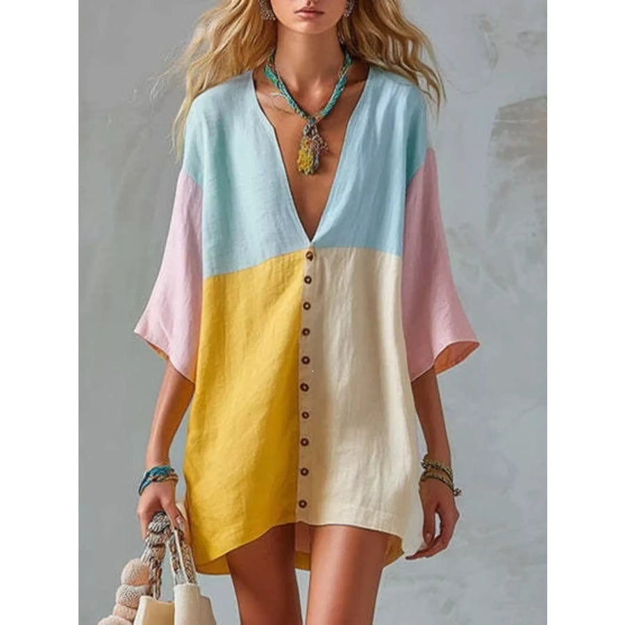 Color Block V-Neck Mini Dress Yellow / S Apparel and Accessories