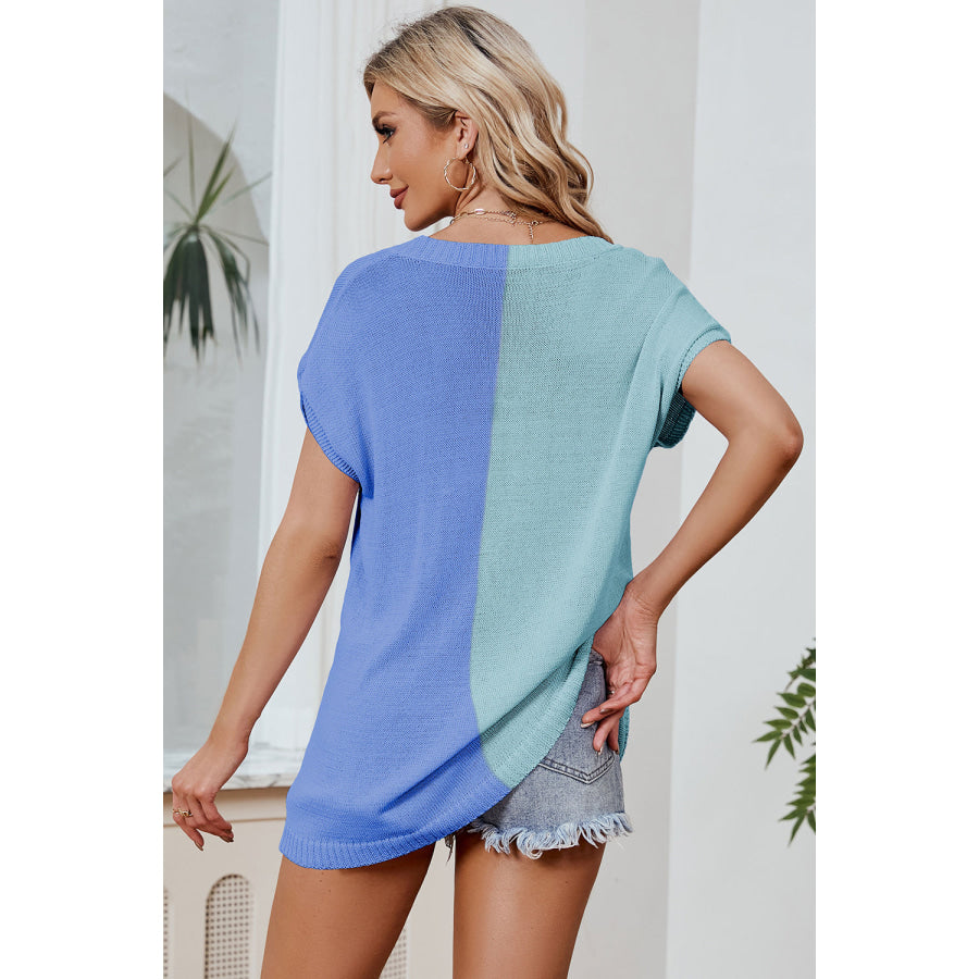 Color Block V - Neck Short Sleeve Knit Top Apparel and Accessories