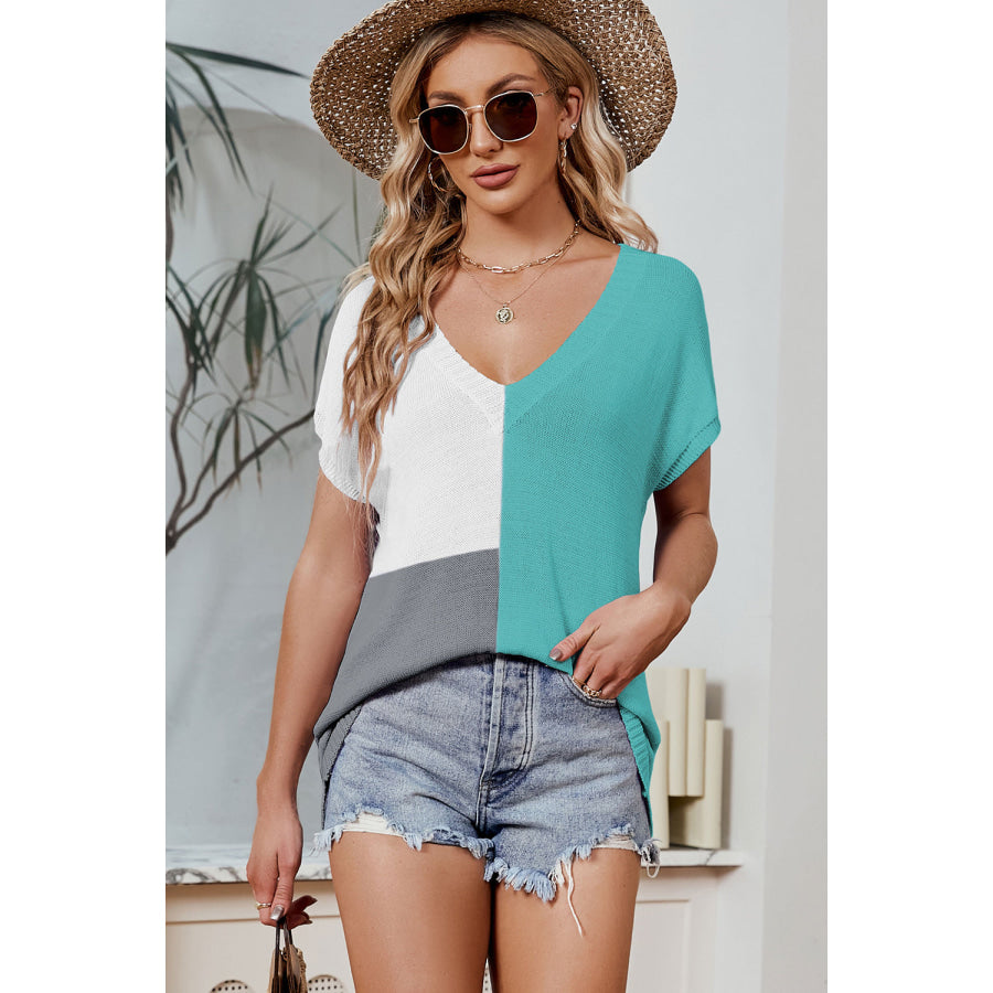Color Block V - Neck Short Sleeve Knit Top Apparel and Accessories