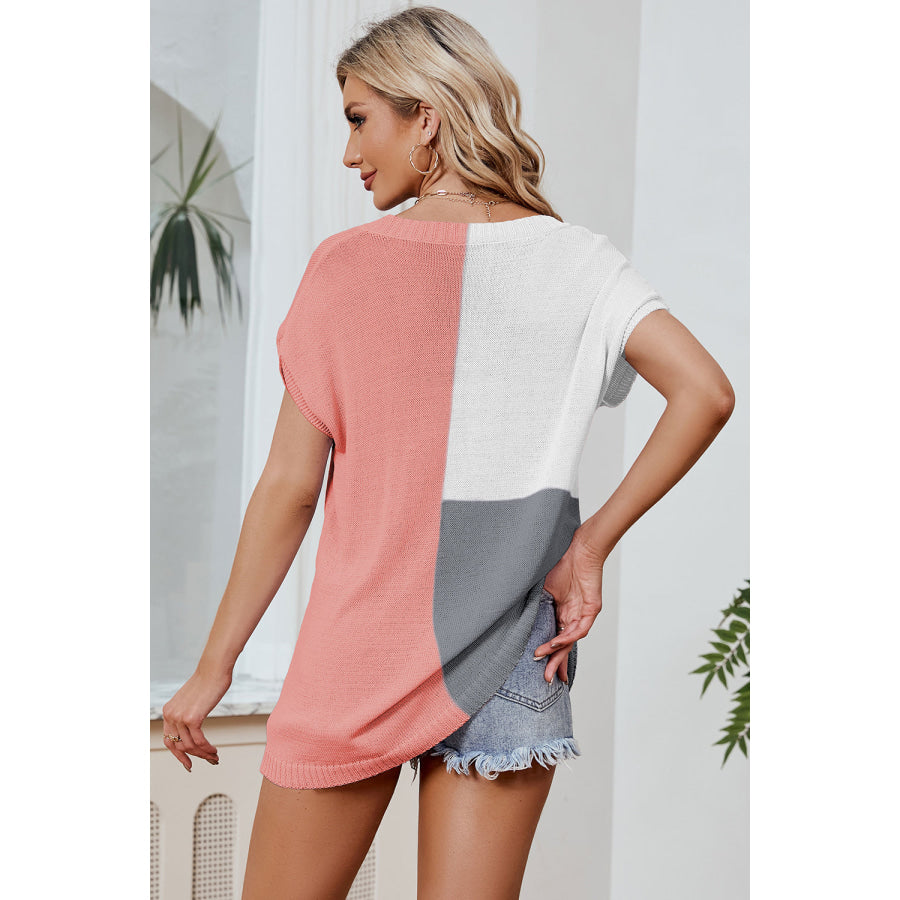 Color Block V - Neck Short Sleeve Knit Top Apparel and Accessories