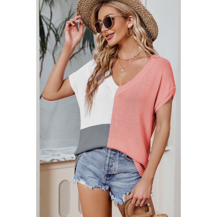 Color Block V - Neck Short Sleeve Knit Top Peach / S Apparel and Accessories