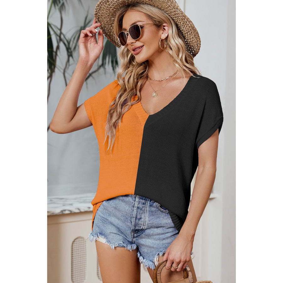 Color Block V - Neck Short Sleeve Knit Top Tangerine / S Apparel and Accessories