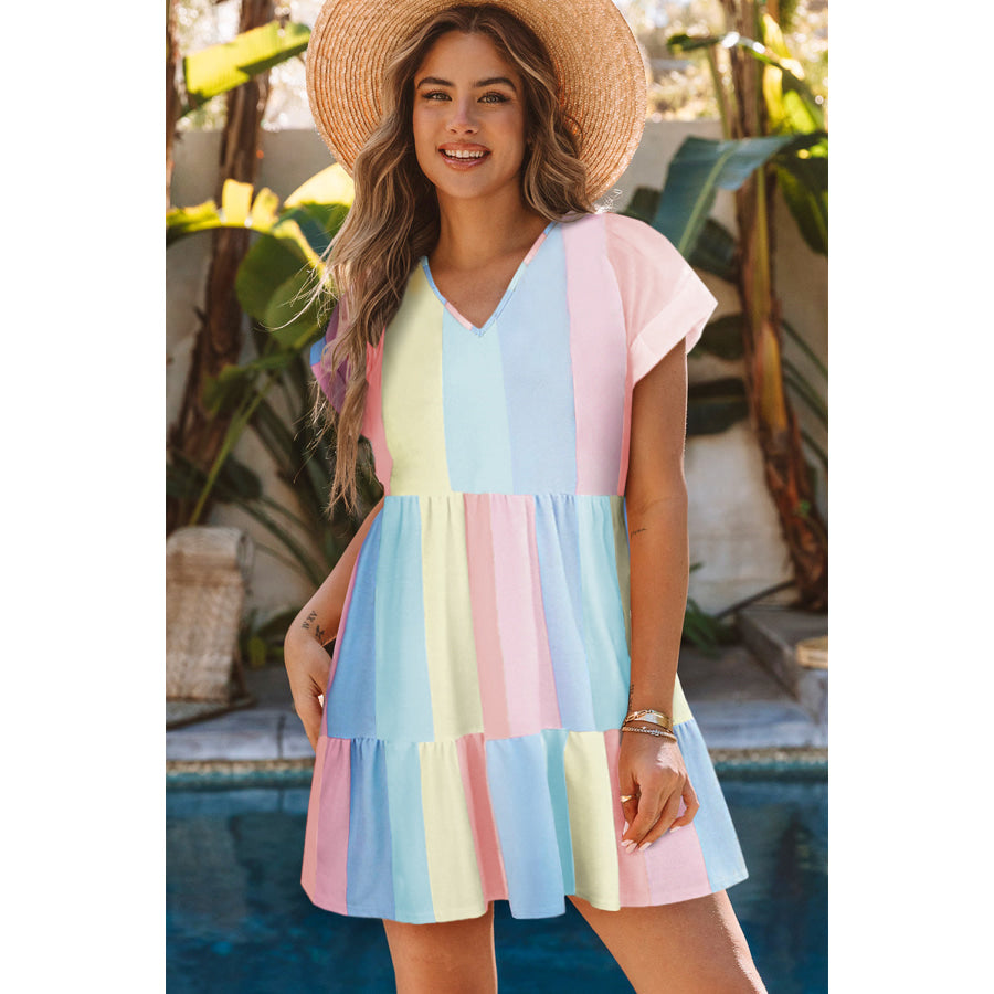 Color Block V - Neck Short Sleeve Mini Dress Apparel and Accessories