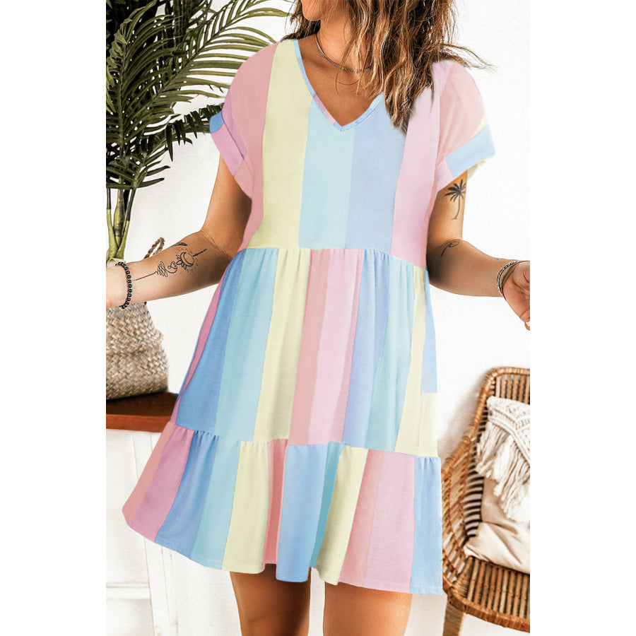 Color Block V - Neck Short Sleeve Mini Dress Misty Blue / S Apparel and Accessories