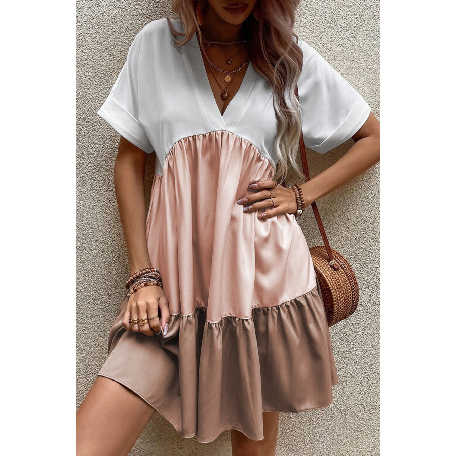 Color Block V-Neck Short Sleeve Mini Dress Pale Blush / S Apparel and Accessories