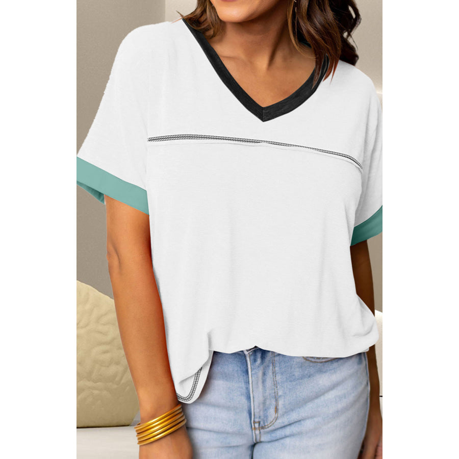 Color Block V-Neck Short Sleeve T-Shirt Apparel and Accessories