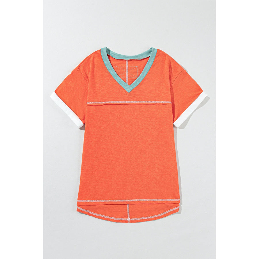 Color Block V-Neck Short Sleeve T-Shirt Apparel and Accessories