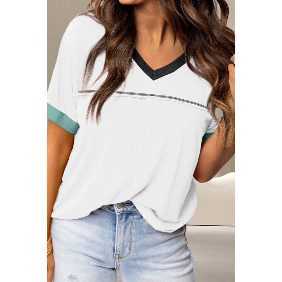 Color Block V-Neck Short Sleeve T-Shirt White / S Apparel and Accessories