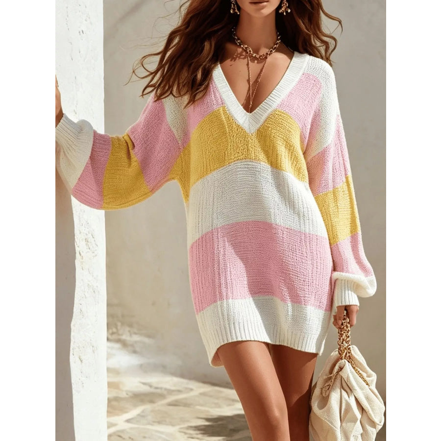 Color Block V-Neck Sweater Dress Apparel and Accessories