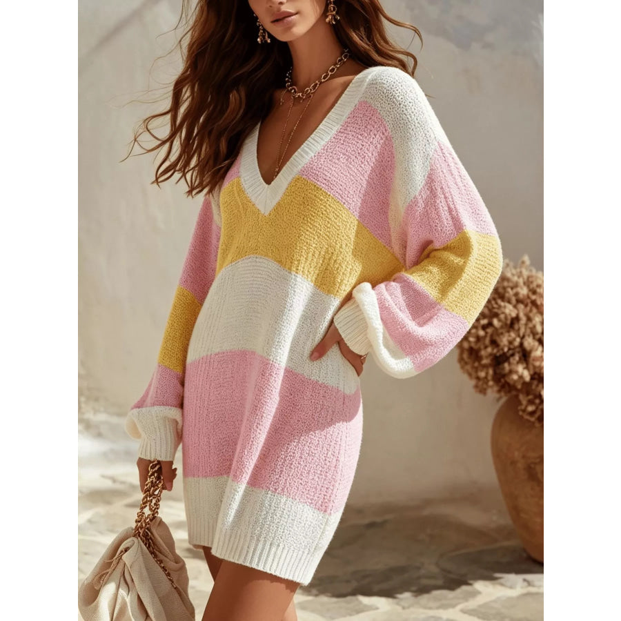 Color Block V-Neck Sweater Dress Apparel and Accessories