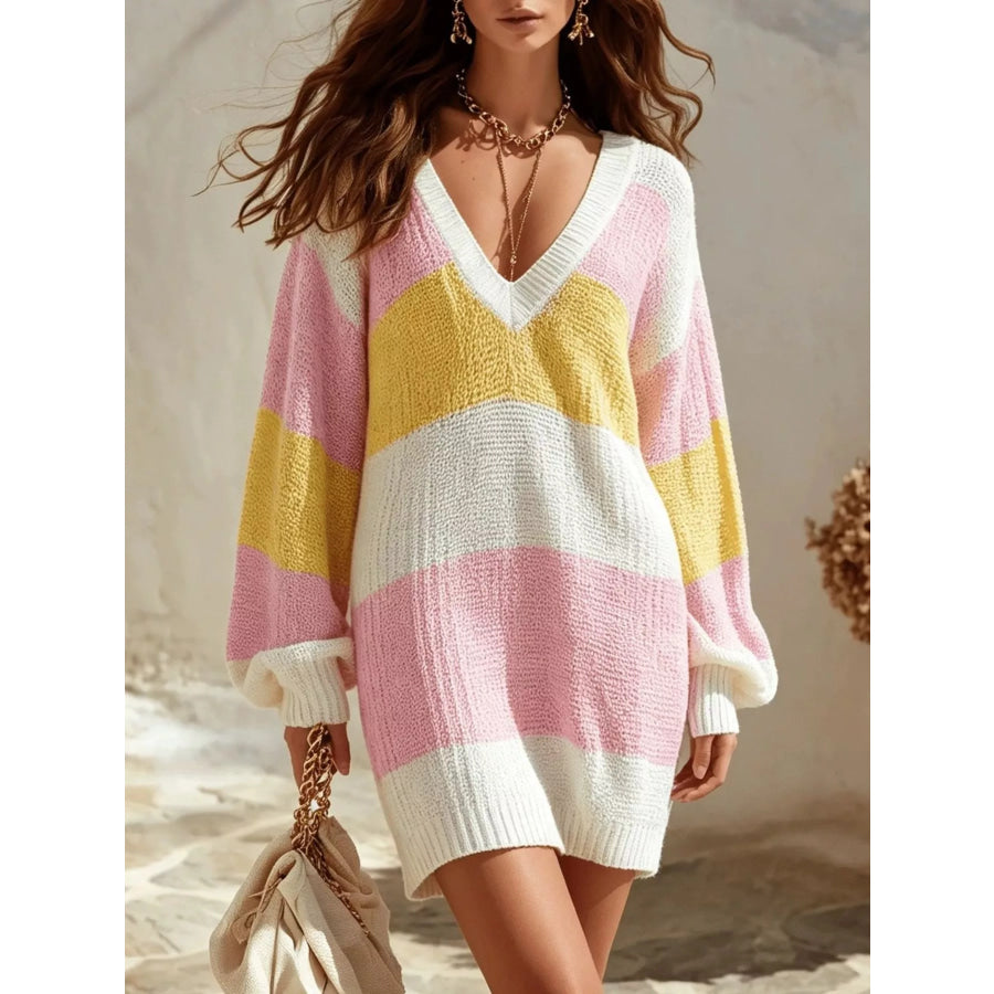 Color Block V-Neck Sweater Dress Pink / S Apparel and Accessories