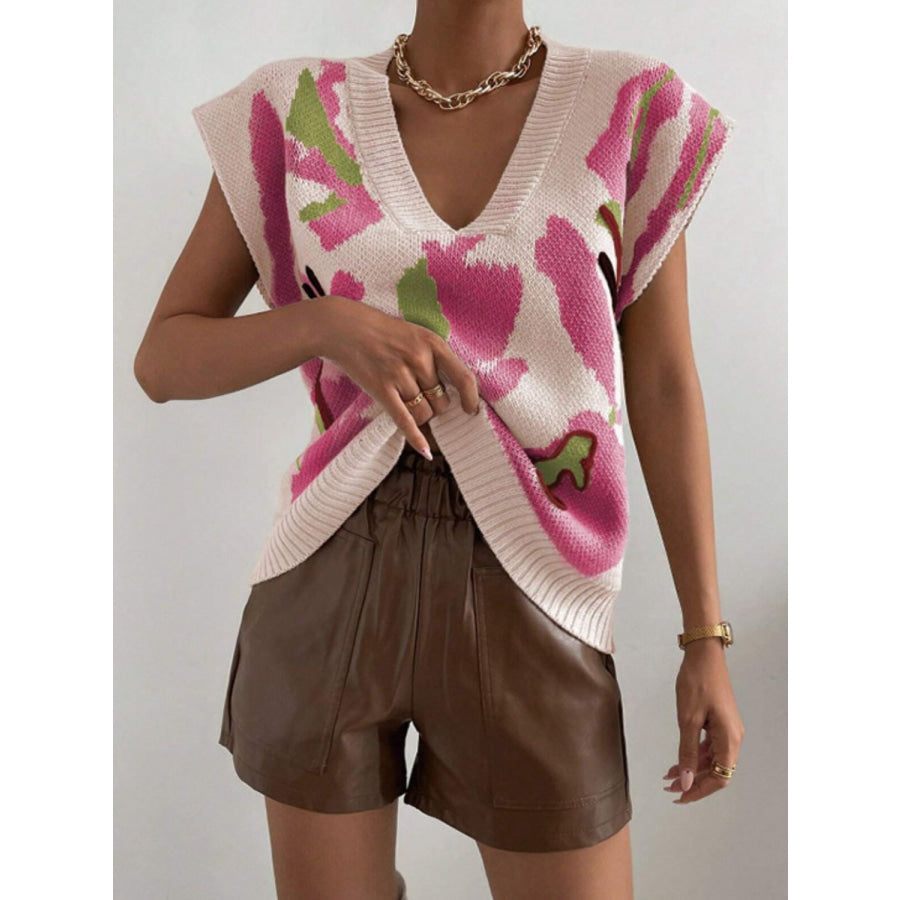 Color Block V-Neck Sweater Vest Fuchsia Pink / S Apparel and Accessories