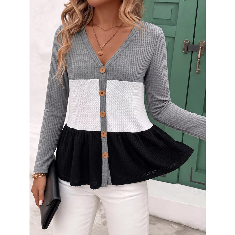 Color Block Waffle Knit Button-Down Cardigan Apparel and Accessories